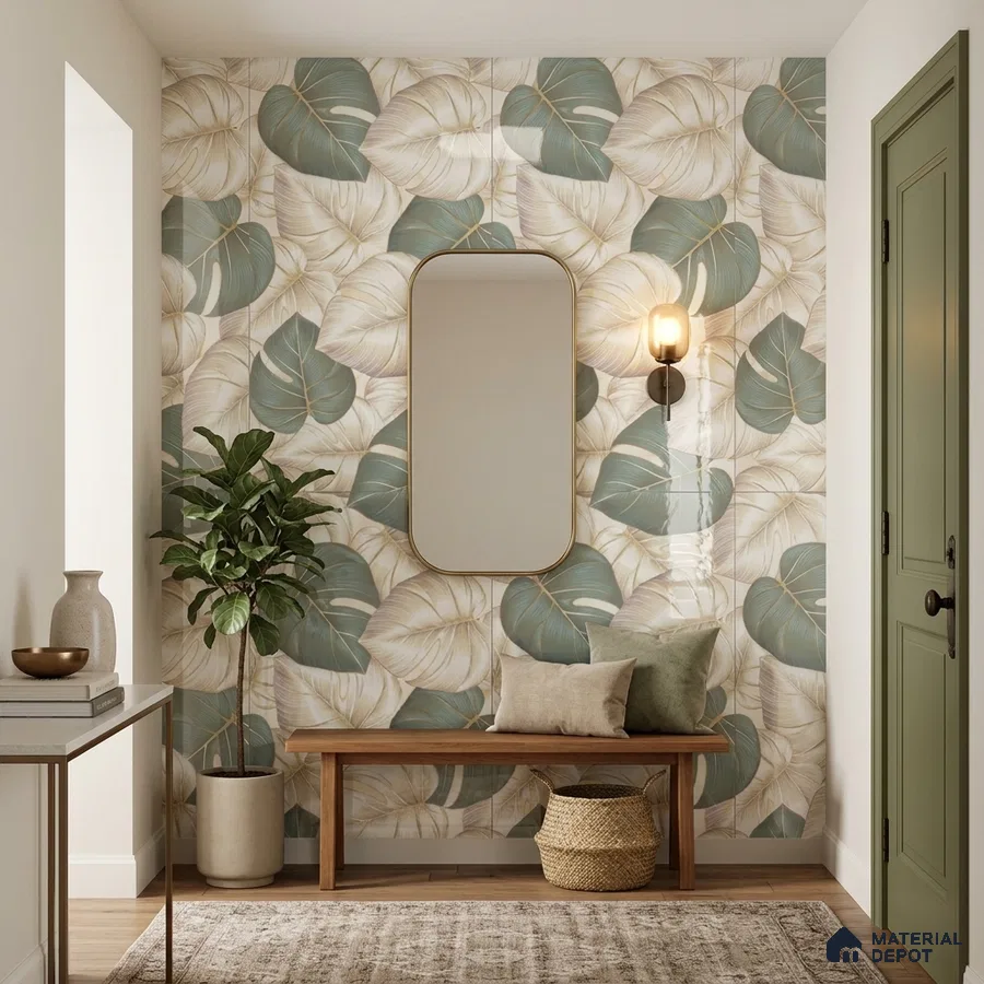 Scandinavian foyer with tropical patterned tile, wooden bench, and light oak flooring