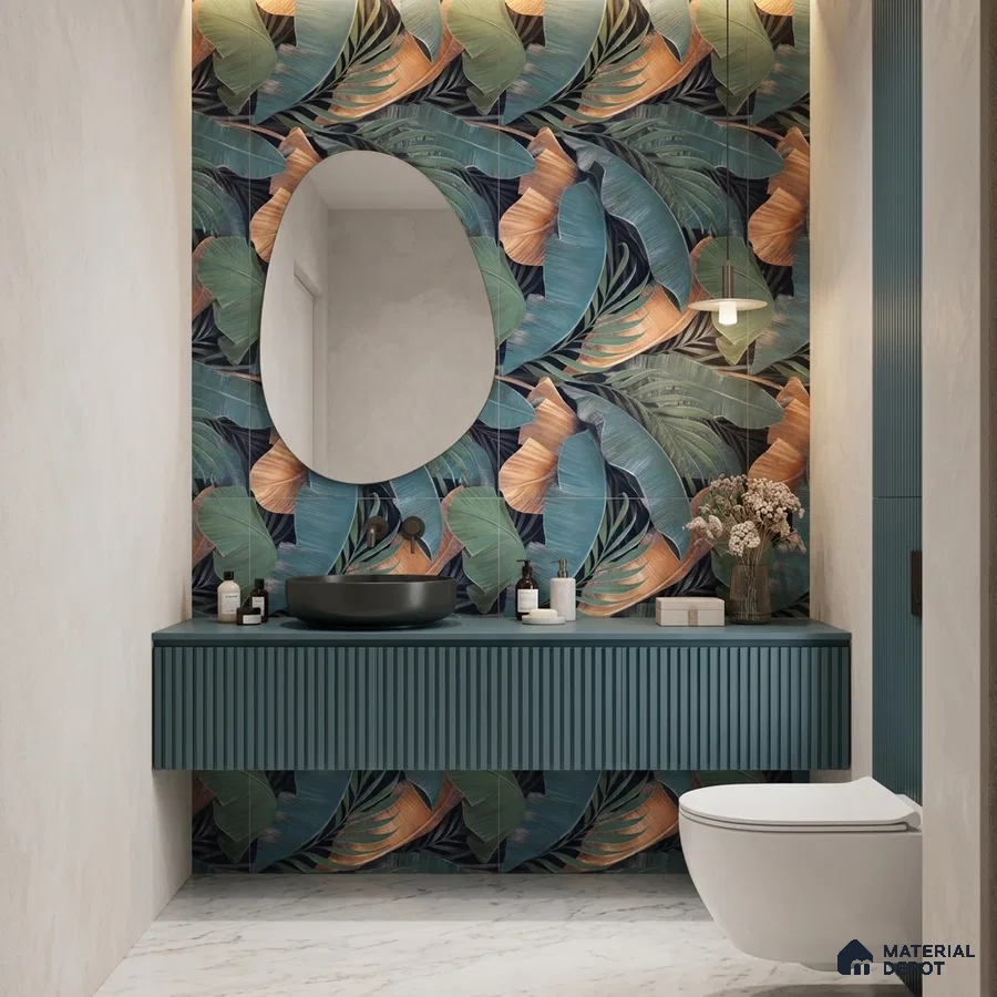 Modern bathroom with tropical leaf highlighter wall tile, teal fluted vanity, and marble floor tile