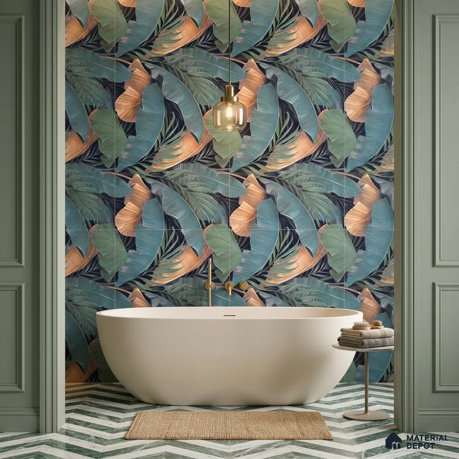 Modern bathroom with tropical leaf highlighter wall tile and chevron green and white floor tile
