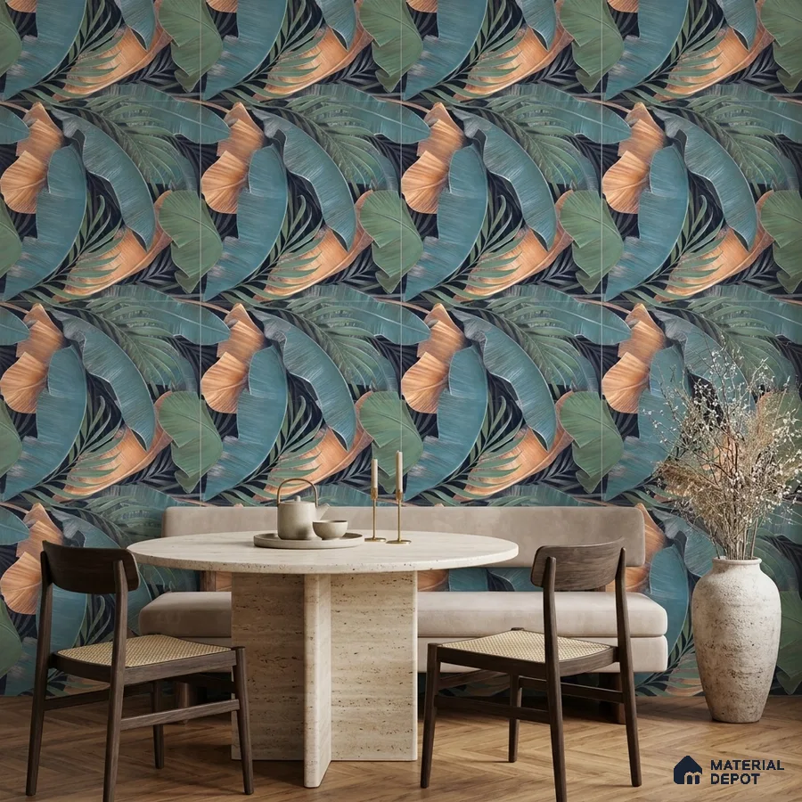Eclectic dining room with tropical patterned tile and travertine dining table