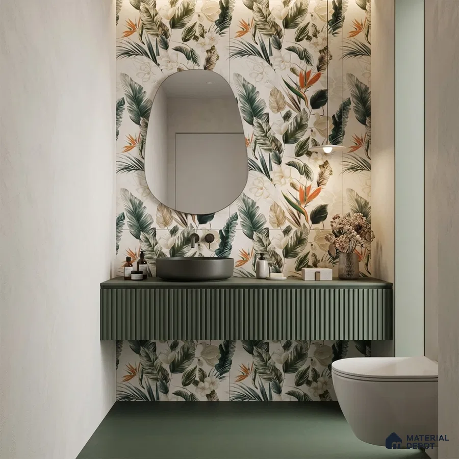 Modern bathroom with tropical floral highlighter wall tiles and sage green fluted vanity laminate