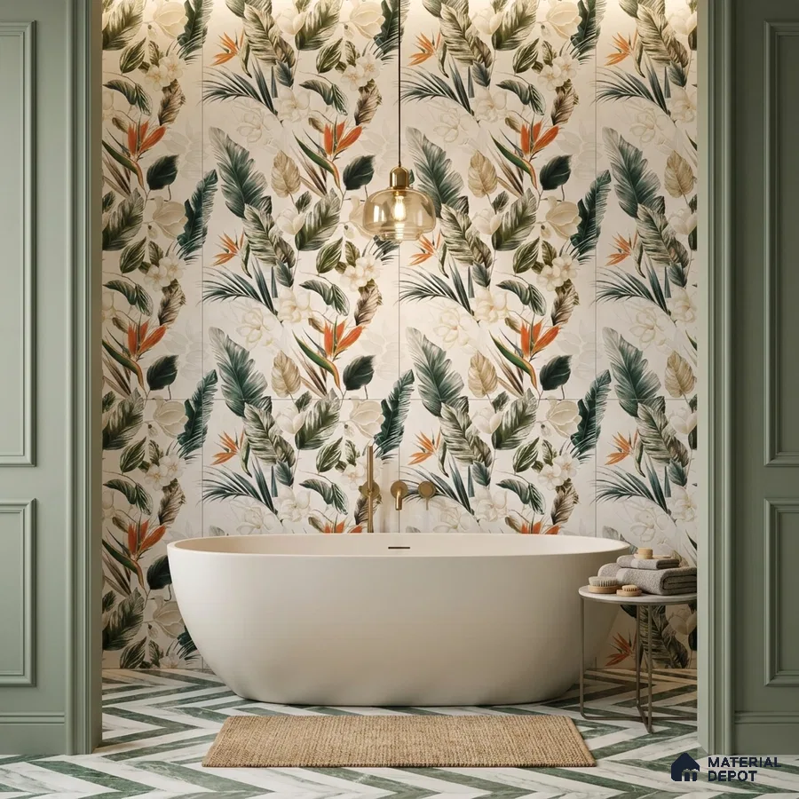 Modern bathroom with tropical floral wall tiles and green chevron floor tiles