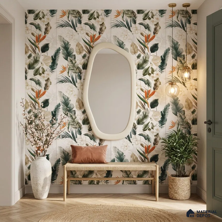 Eclectic foyer with tropical floral tile, natural wood bench, and woven decor