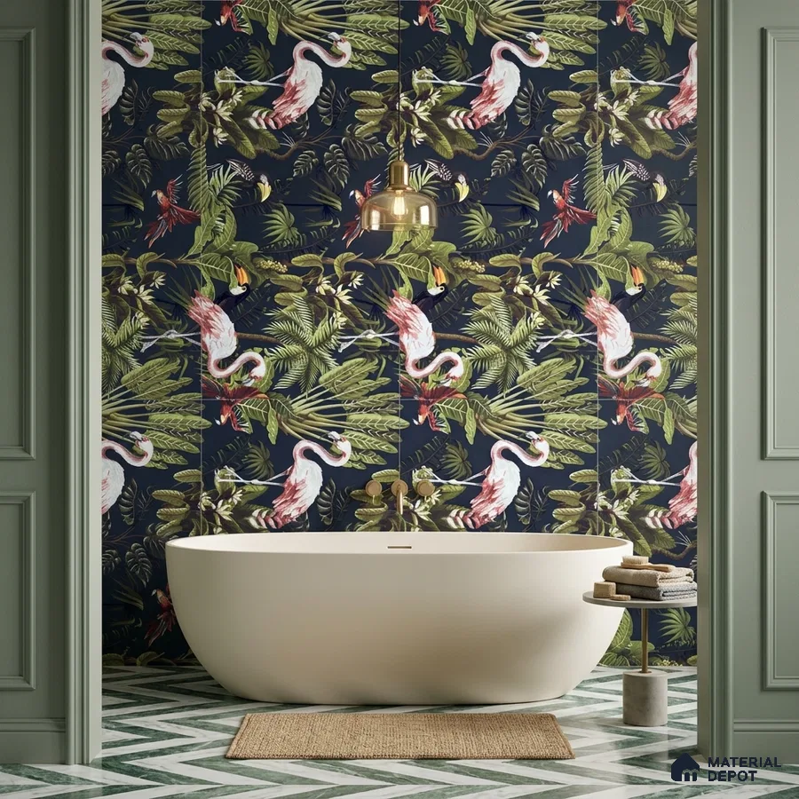 Eclectic bathroom with tropical tile and green chevron marble floor tiles