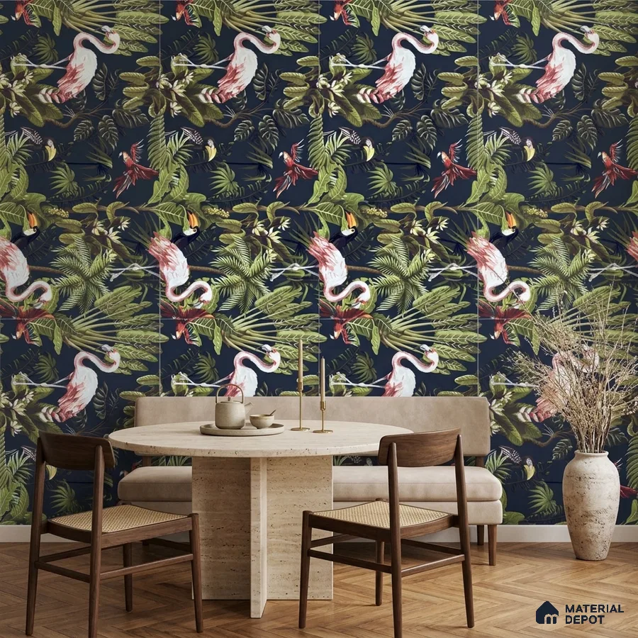 Eclectic dining room with tropical tile and travertine dining table