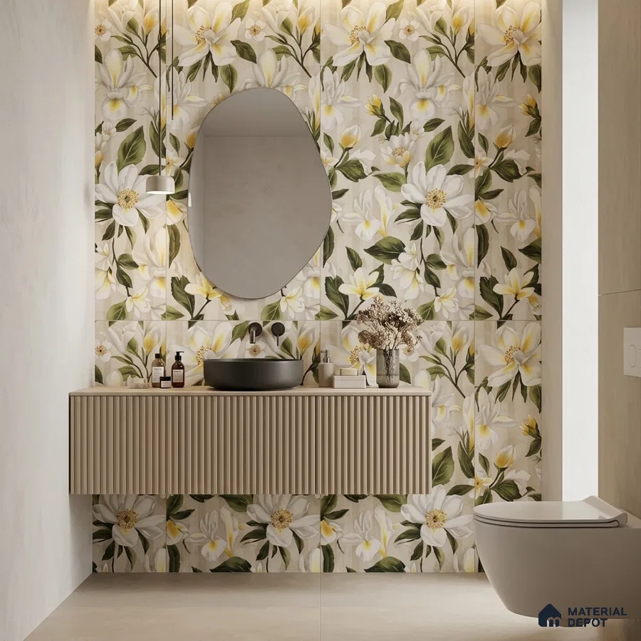 Modern bathroom with floral highlighter wall tiles and beige fluted vanity