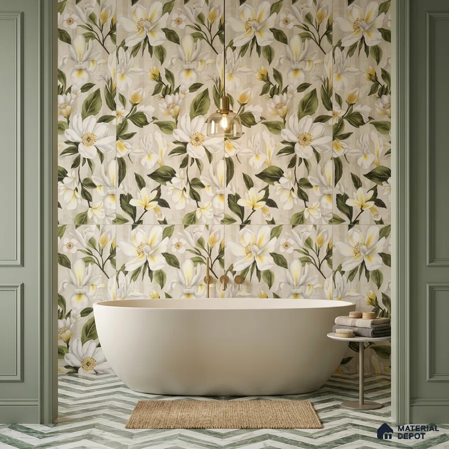 Modern bathroom with floral highlighter wall tiles and chevron green-and-white floor tiles