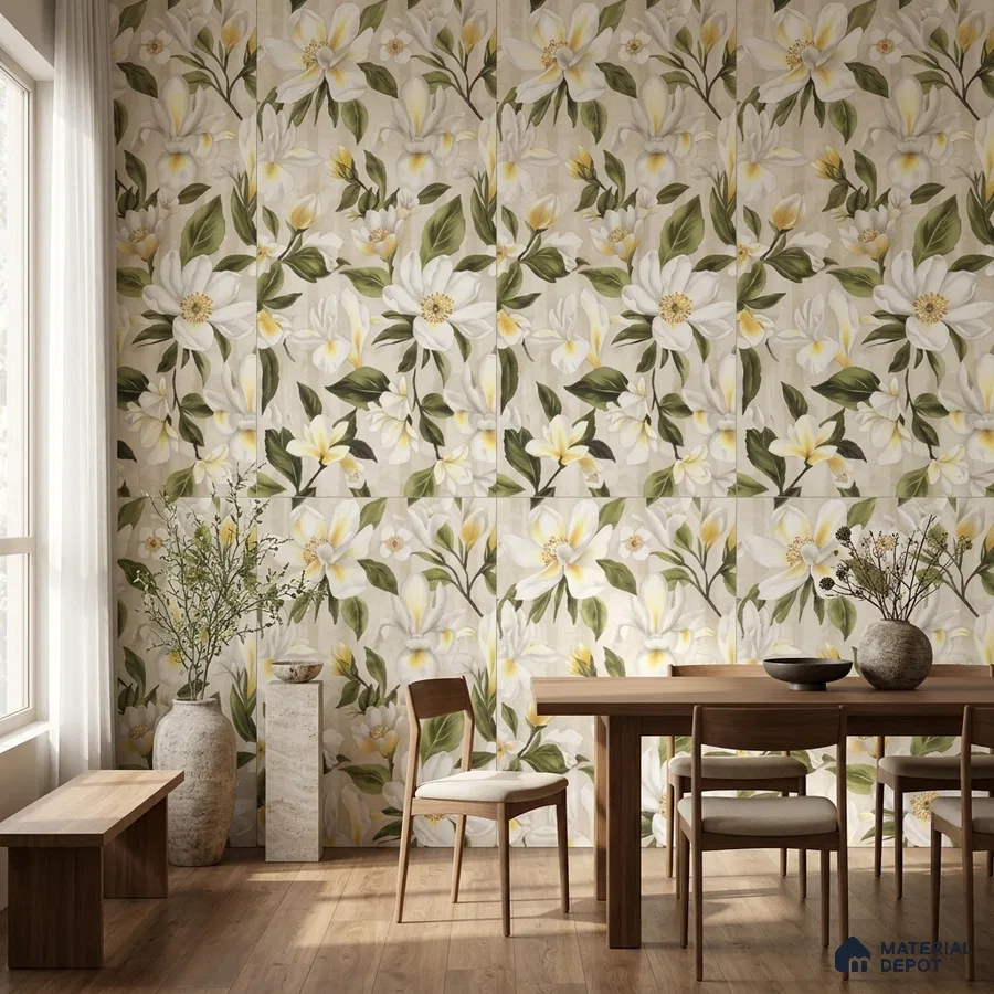 Scandinavian dining room with floral tile and natural wood furniture