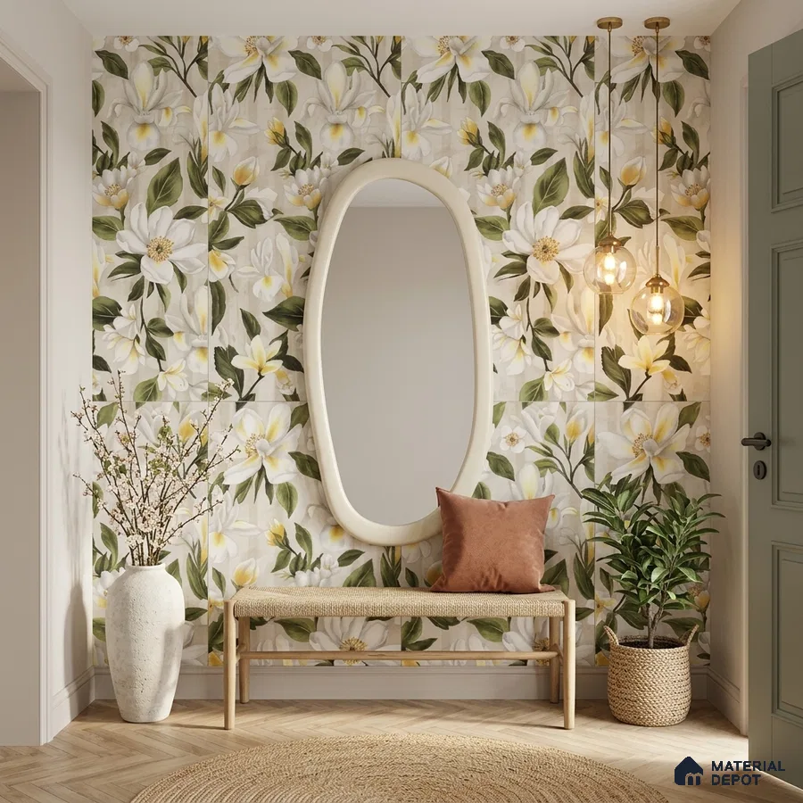 Scandinavian foyer with floral tile, natural wood bench, and herringbone wooden flooring