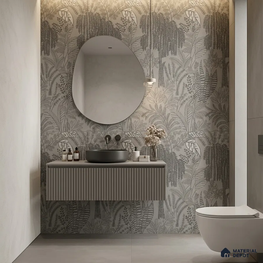 Minimalist bathroom with grey floral patterned wall tile and fluted vanity