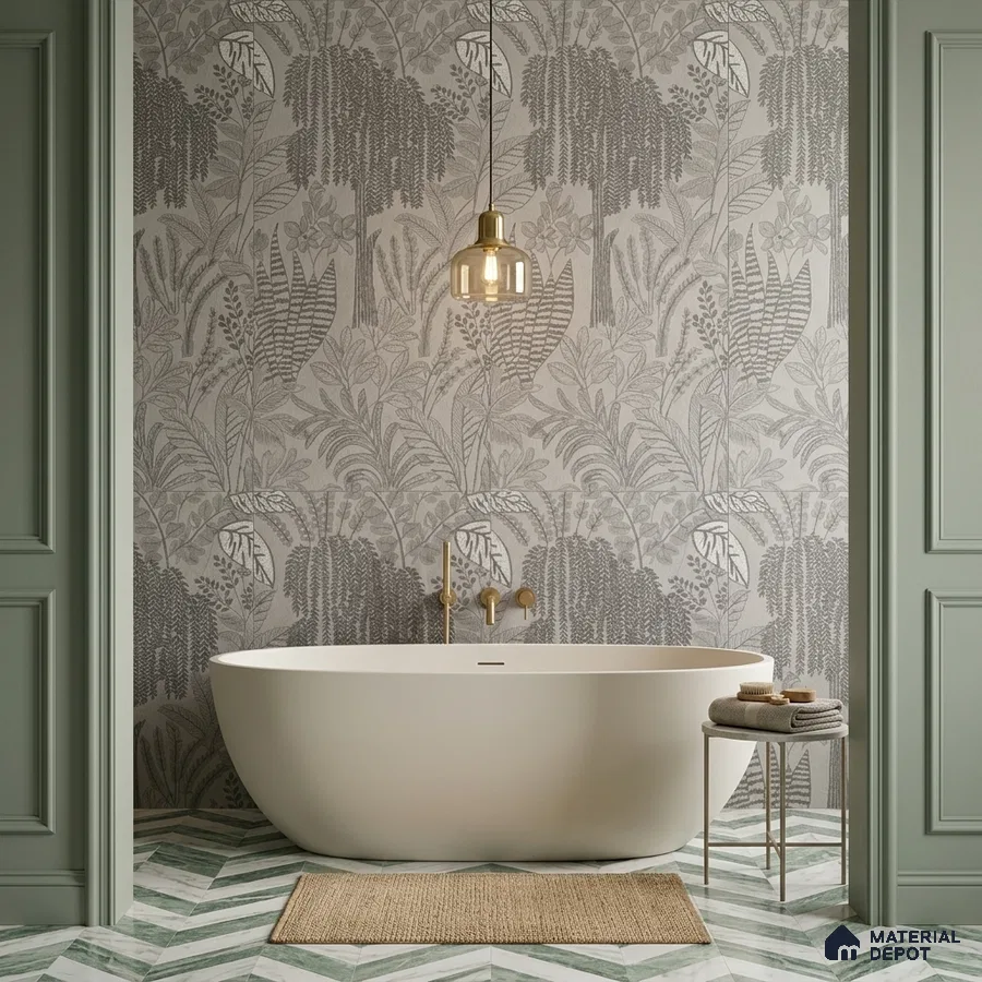 Modern bathroom with botanical tile and chevron marble-look floor tile