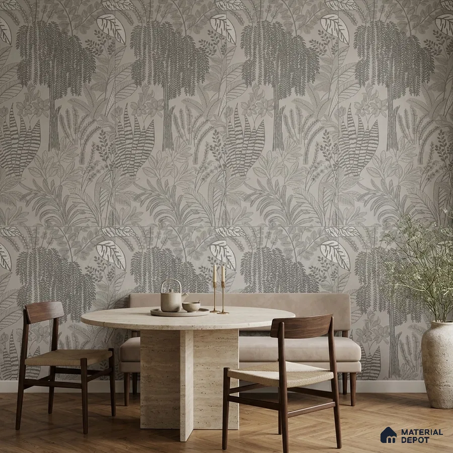 Scandinavian dining room with botanical tile, travertine table, and wood flooring