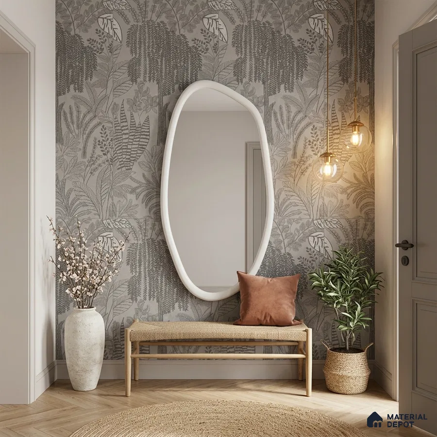 Scandinavian foyer with botanical patterned tile and natural wood bench