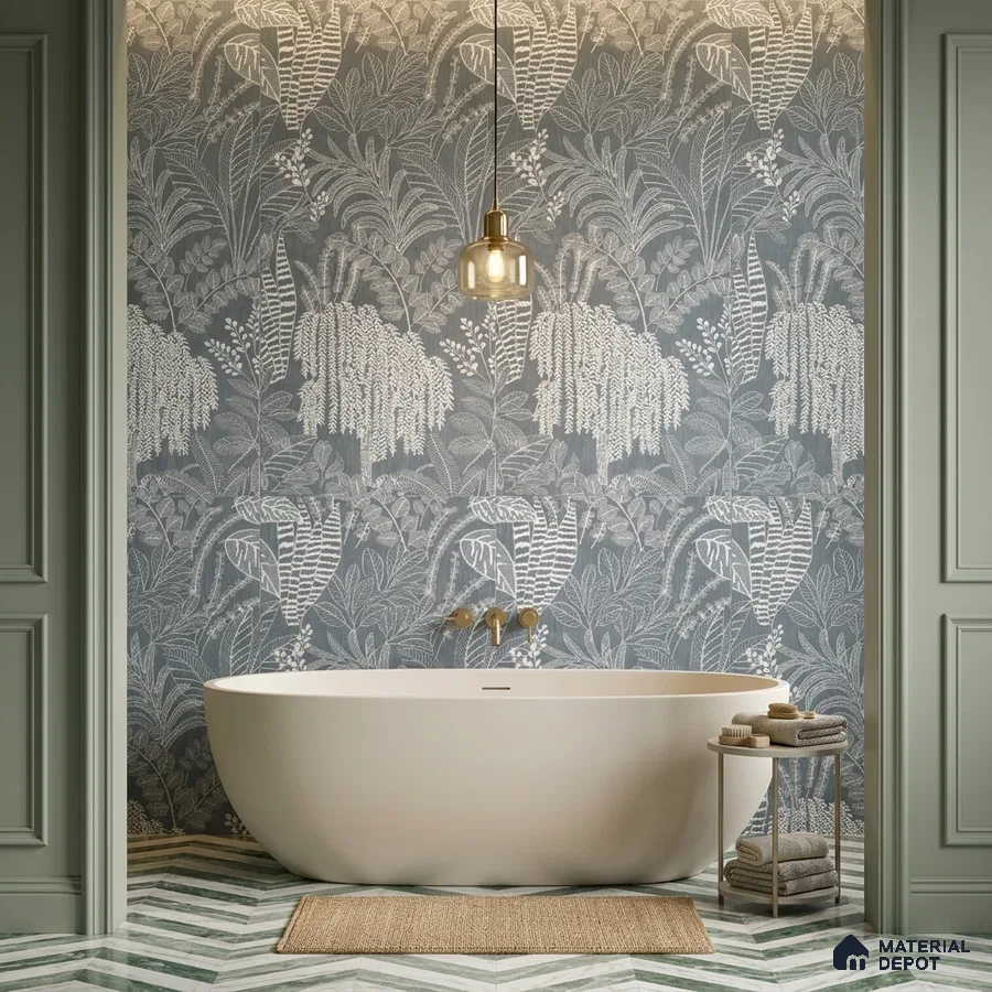 Modern bathroom with botanical tile and chevron marble floor tile
