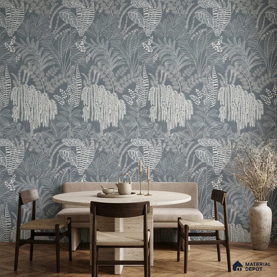 Scandinavian dining room with botanical patterned tile and light wood dining set