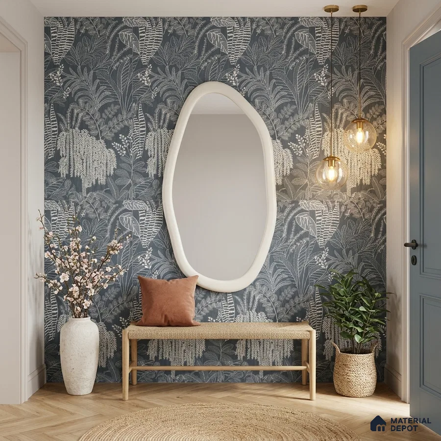 Scandinavian foyer with blue botanical tile, natural wood bench, and herringbone wooden flooring