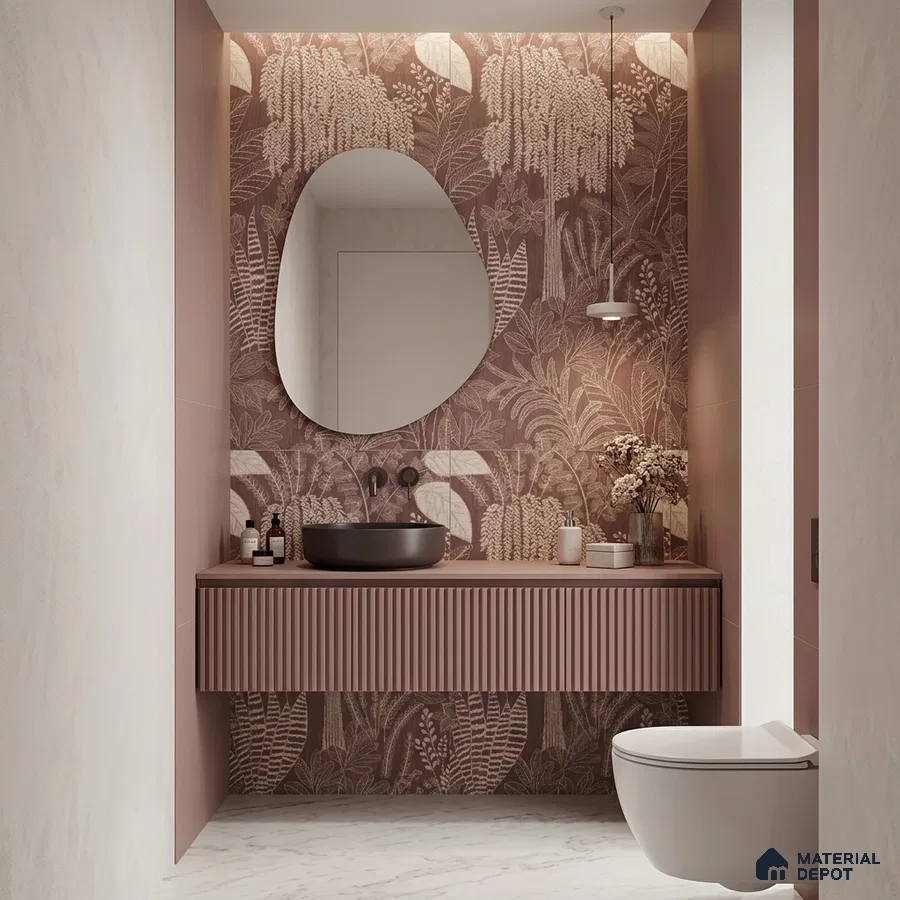 Modern bathroom with mauve fluted vanity, botanical patterned tile, and marble floor tile
