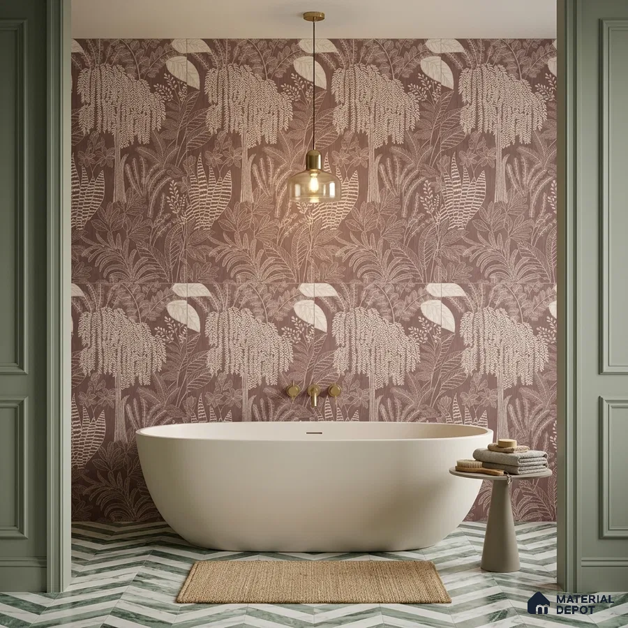 Modern bathroom with mauve tropical tile and green chevron marble floor tile