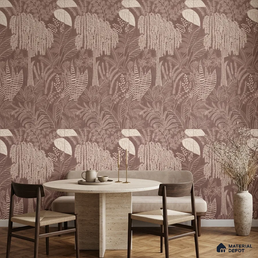 Scandinavian dining room with mauve botanical tile and travertine dining table