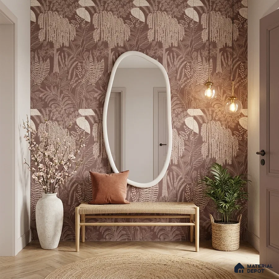 Scandinavian foyer with mauve botanical tile, natural wood bench, and woven jute rug