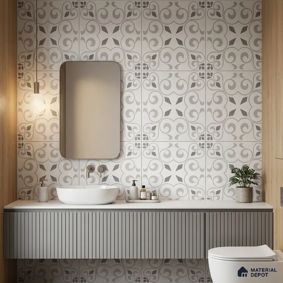 Modern bathroom with grey patterned wall tiles and fluted grey vanity