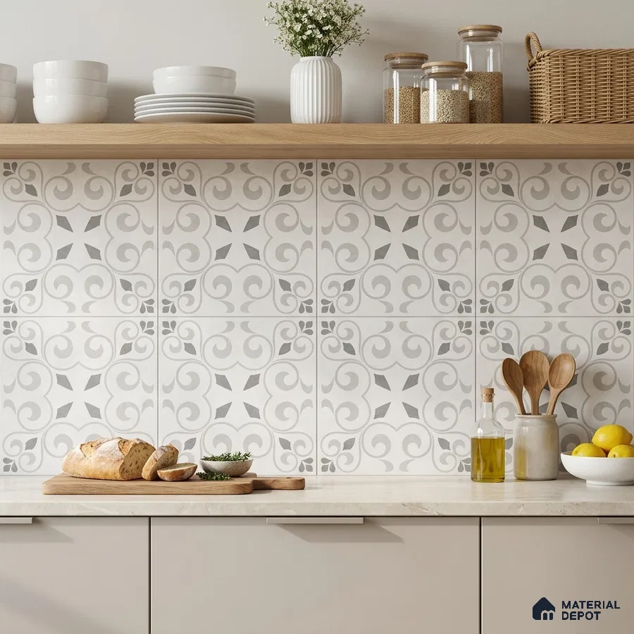Scandinavian kitchen with grey patterned backsplash tiles and light wood open shelf
