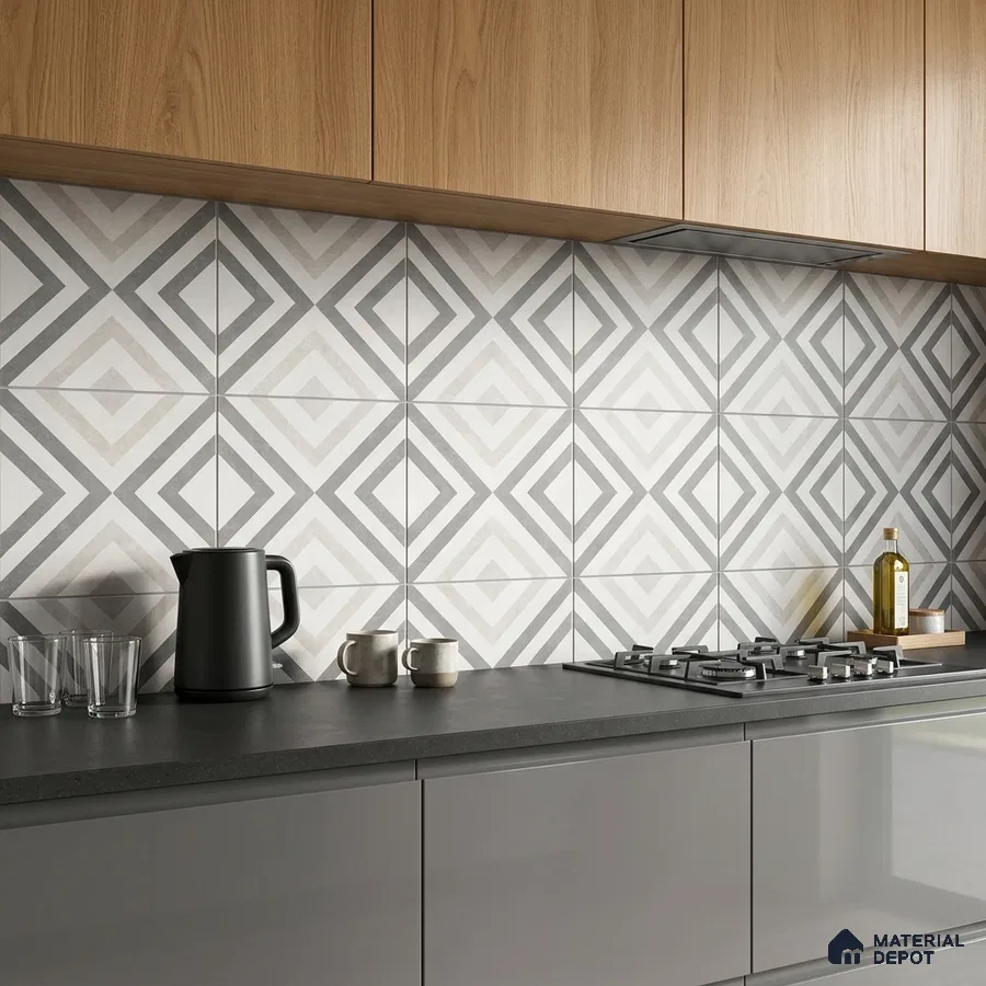 Modern kitchen with oak wood laminate cabinets, grey geometric backsplash tiles, and matte grey base cabinets