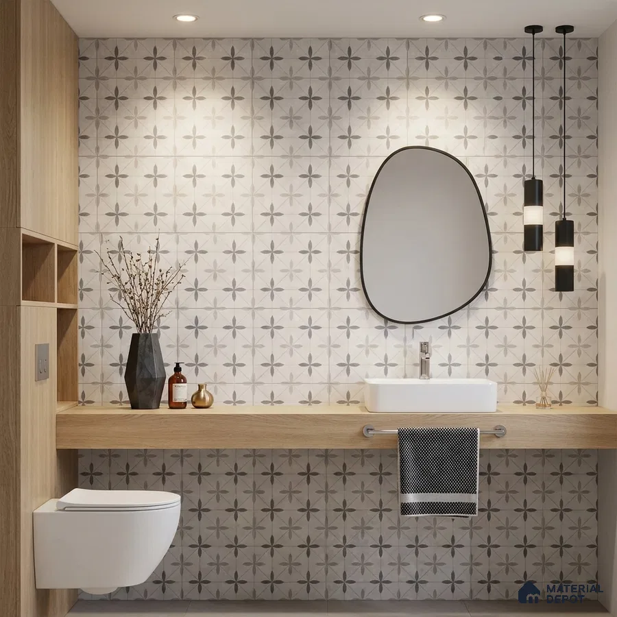 Scandinavian bathroom with geometric patterned wall tiles and light oak laminate vanity