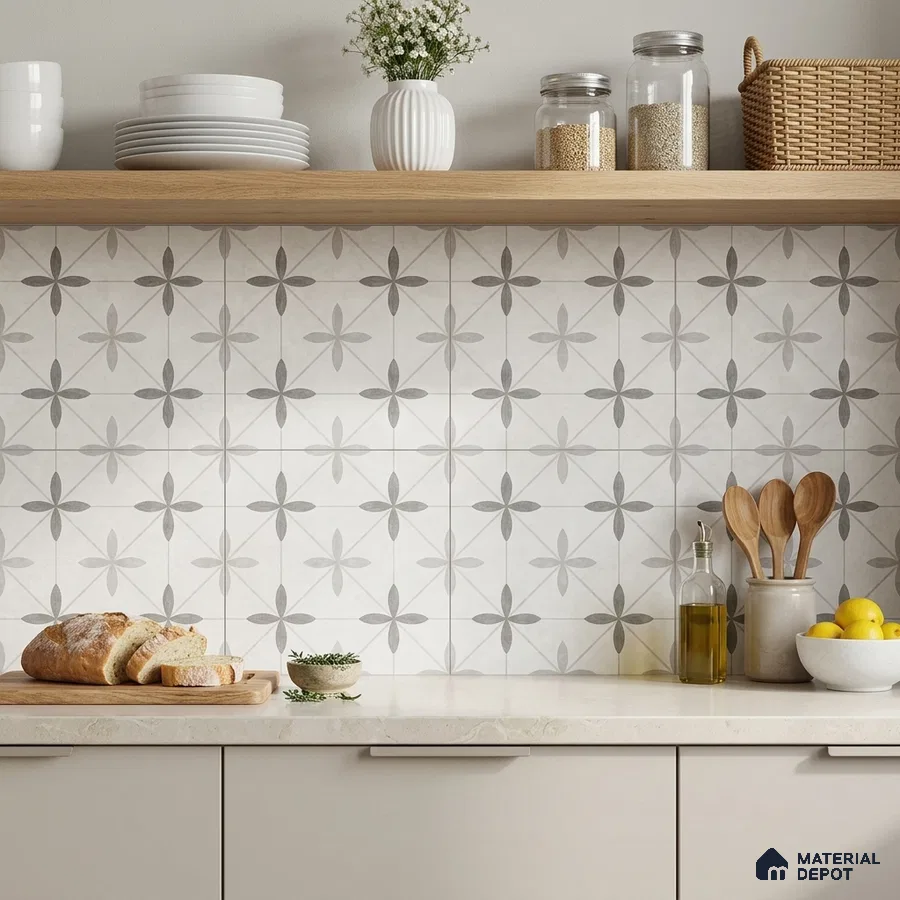 Scandinavian kitchen with geometric patterned backsplash tile and light wood open shelf