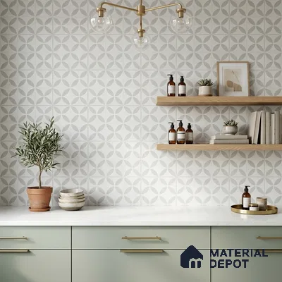 Scandinavian kitchen with sage green laminate cabinets, white quartz countertop, and geometric patterned wall tiles