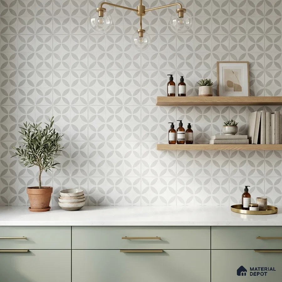 Scandinavian kitchen with sage green laminate cabinets, white quartz countertop, and geometric patterned wall tiles