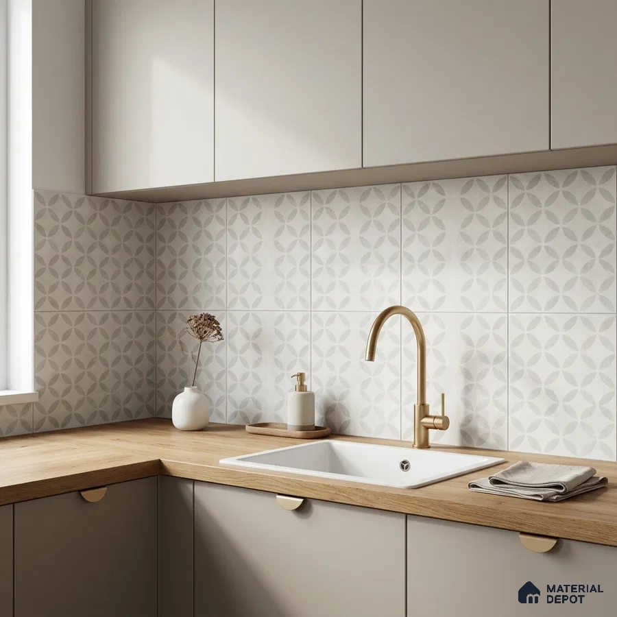 Scandinavian kitchen with beige laminate cabinets, oak wood countertop, and geometric patterned backsplash tiles