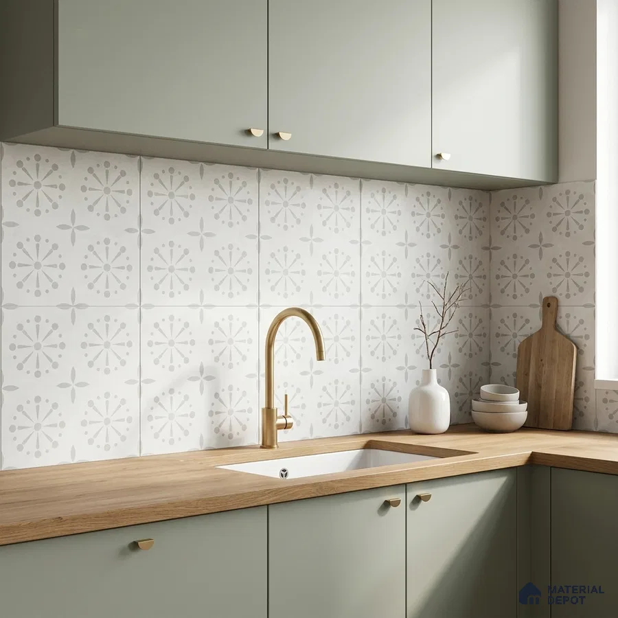 Scandinavian kitchen with sage green laminate cabinets, patterned white backsplash tile, and natural wood countertop