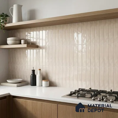 Scandinavian Kitchen with Cream Stacked Backsplash Tile and Oak Cabinets