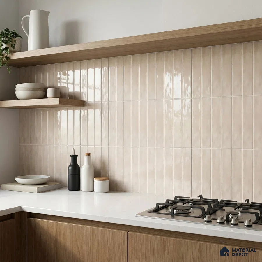 Scandinavian Kitchen with Cream Stacked Backsplash Tile and Oak Cabinets