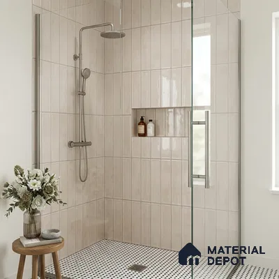 Modern Bathroom with Cream Stacked Shower Tile and Mosaic Floor
