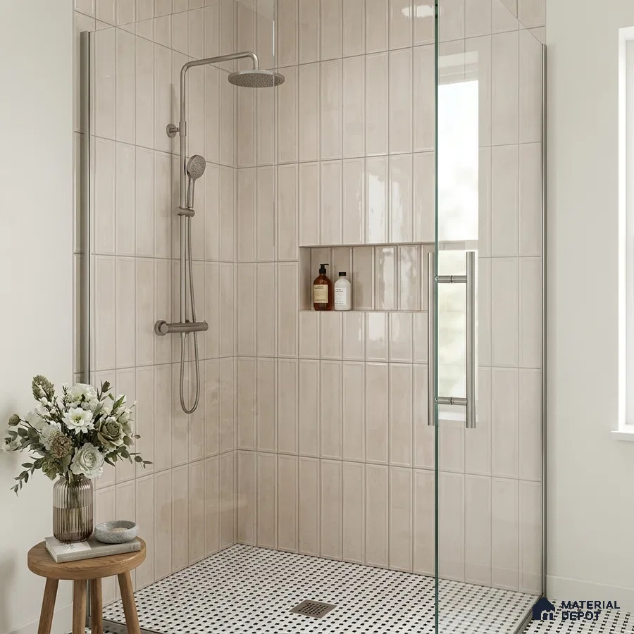 Modern Bathroom with Cream Stacked Shower Tile and Mosaic Floor