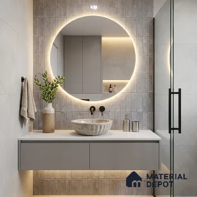 Modern Bathroom with Grey Stacked Accent Tile and Round Backlit Mirror