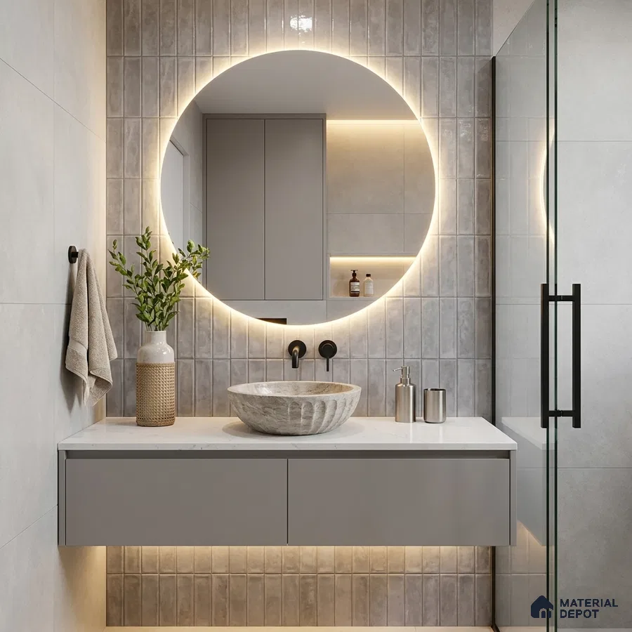 Modern Bathroom with Grey Stacked Accent Tile and Round Backlit Mirror