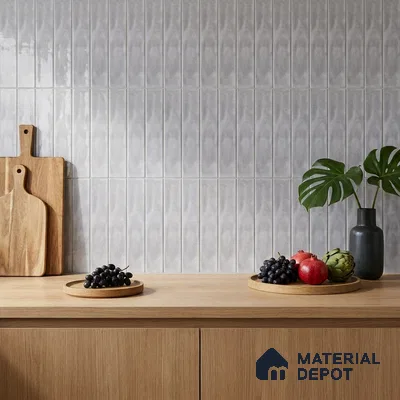 Modern Kitchen with Light Grey Glossy Stacked Ceramic Backsplash Tile and Oak Cabinets