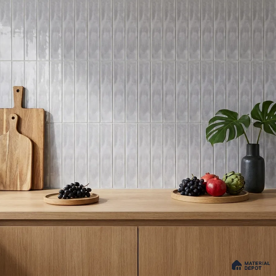 Modern Kitchen with Light Grey Glossy Stacked Ceramic Backsplash Tile and Oak Cabinets