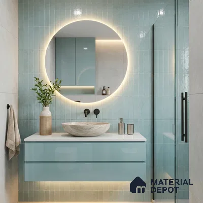 Modern Bathroom with Aqua Blue Glossy Stacked Tile and Stone Vessel Basin