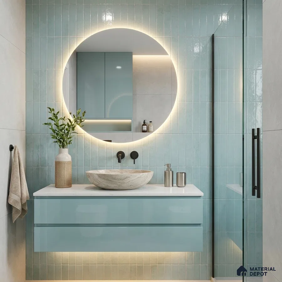 Modern Bathroom with Aqua Blue Glossy Stacked Tile and Stone Vessel Basin