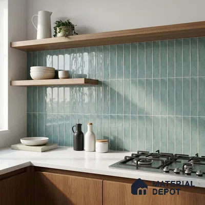 Modern Kitchen with Seafoam Blue Glossy Stacked Backsplash Tile and Walnut Cabinets