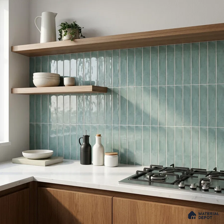 Modern Kitchen with Seafoam Blue Glossy Stacked Backsplash Tile and Walnut Cabinets