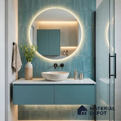 Modern Bathroom with Teal Blue Glossy Stacked Tile and Stone Vessel Basin