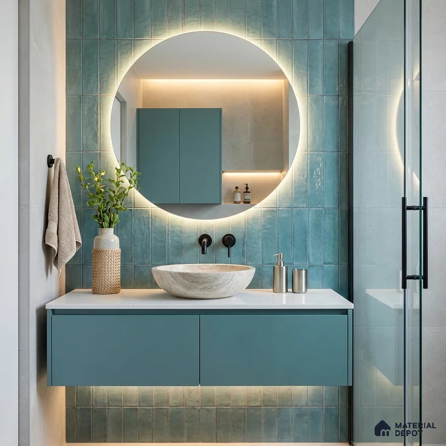 Modern Bathroom with Teal Blue Glossy Stacked Tile and Stone Vessel Basin
