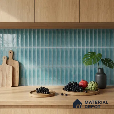 Modern Kitchen with Teal Blue Glossy Stacked Backsplash Tile and Oak Cabinets