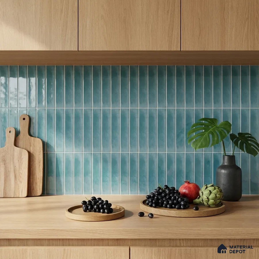 Modern Kitchen with Teal Blue Glossy Stacked Backsplash Tile and Oak Cabinets
