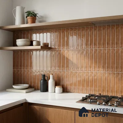 Modern Kitchen with Terracotta Brown Glossy Stacked Backsplash Tile and Walnut Cabinets